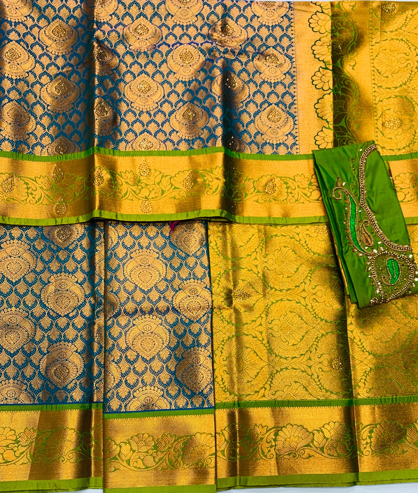 Bridal Vegan Silk Saree Pastel Green shade with Green Border with Unstitched blouse in Aari work