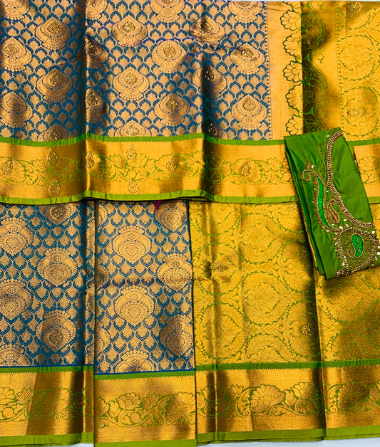 Bridal Vegan Silk Saree Pastel Green shade with Green Border with Unstitched blouse in Aari work