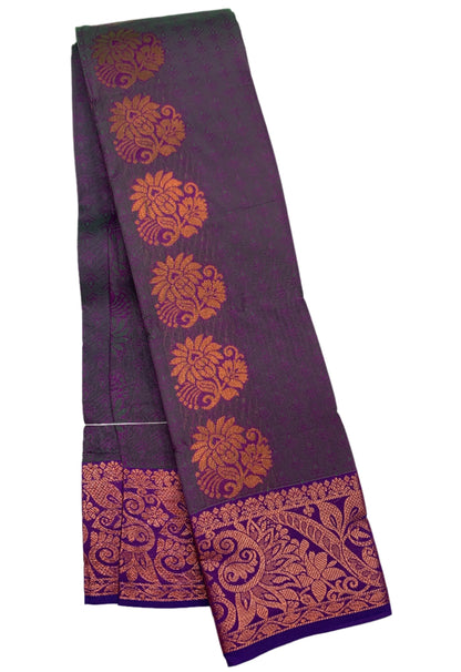 Vegan Silk Saree Purple Colour with Copper and Blue Border