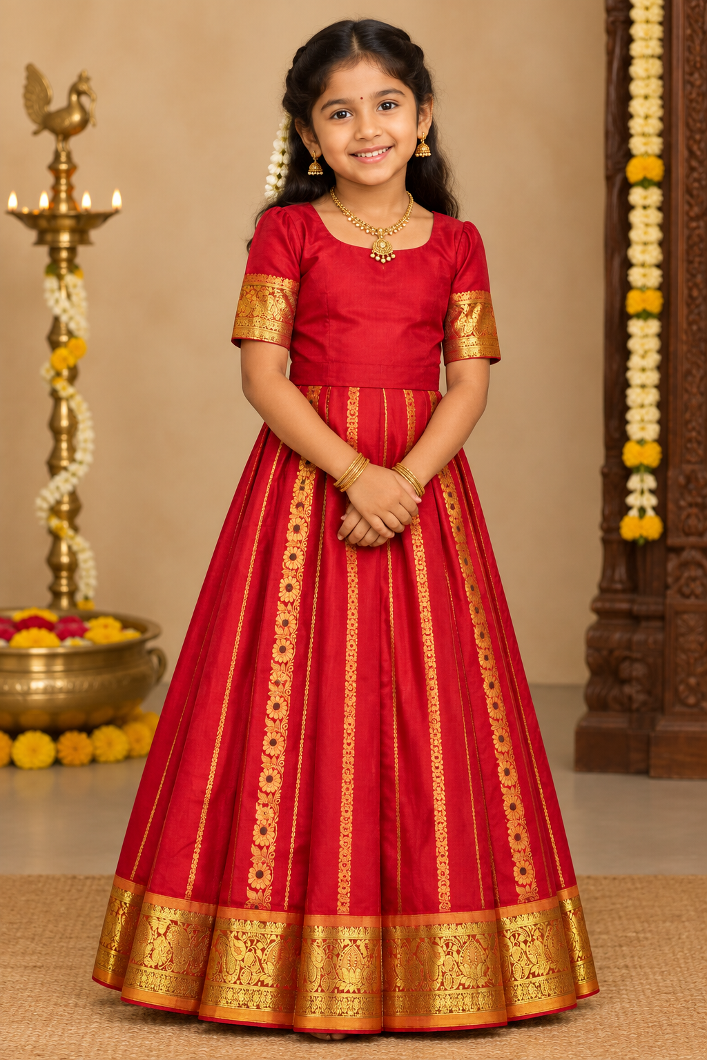 Red shade Semi Silk Kids Pattu Pavadai with Contrast border for age above 10 years