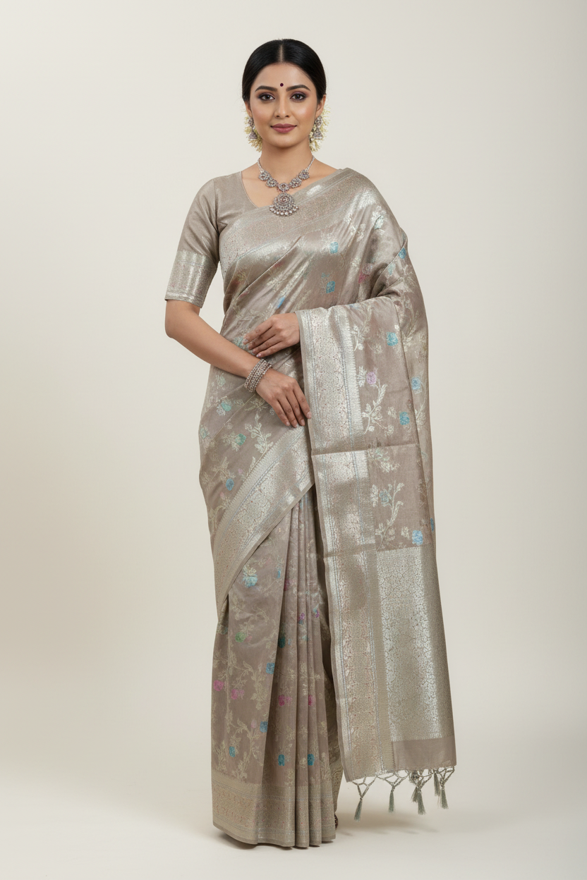 Meenakari Banaras Tissue Silk Saree light brown Colour
