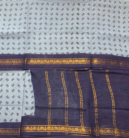 9 yards Cotton Saree Gray Colour with Navy Blue Border