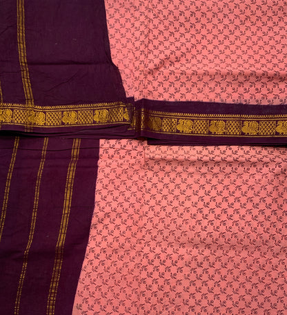 Chettinad Sungudi Cotton Light Peach Colour with Dark Magenta Border