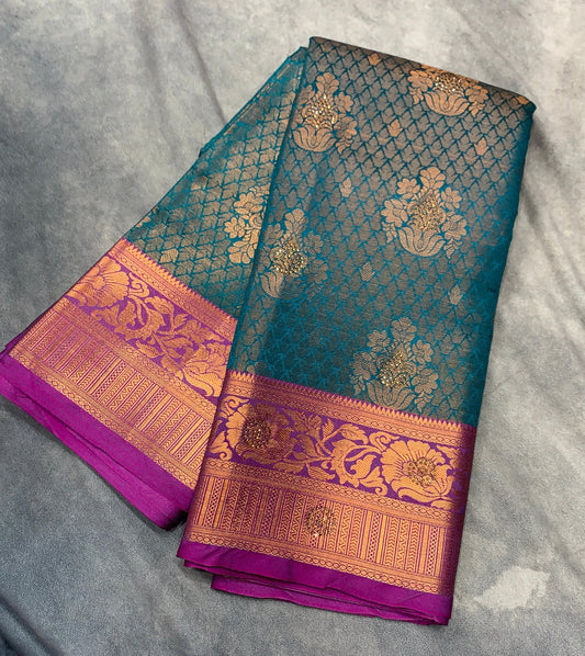 Art Silk Saree Peacock Green Shade with Magenta Border