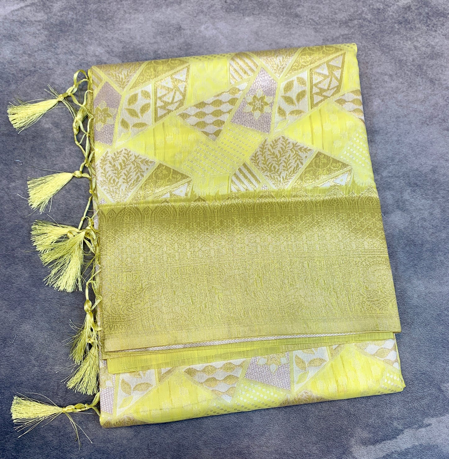 Banaras Katan Saree Yellow Colour with Katan Work Border