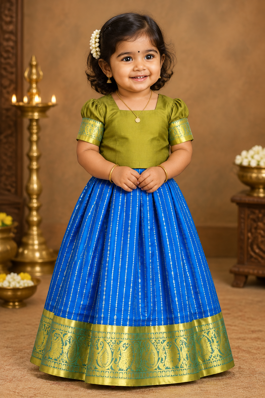Sky Blue Shade Pure Kanchipuram Kids Pattu Pavadai with Contrast Border for Newborn to 2 Years