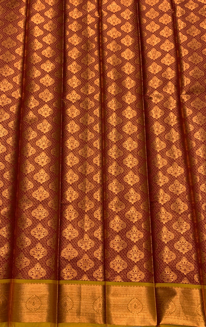 Vegan Silk Saree Maroon Colour with Copper and Golden Yellow Colour Border