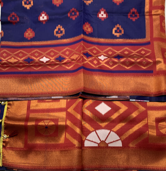 Pochampalli Semi Silk Saree Blue Colour with Maroon Border