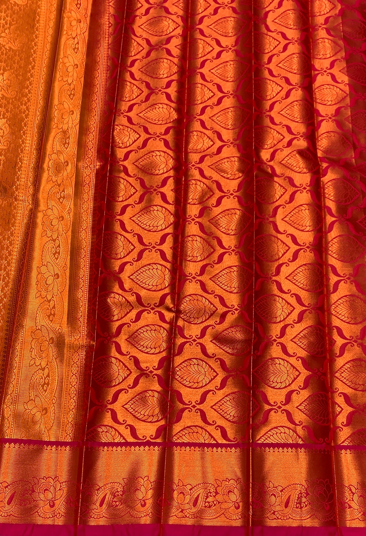 Vegan Silk Saree Golden Yellow Colour with Pink and Copper Border