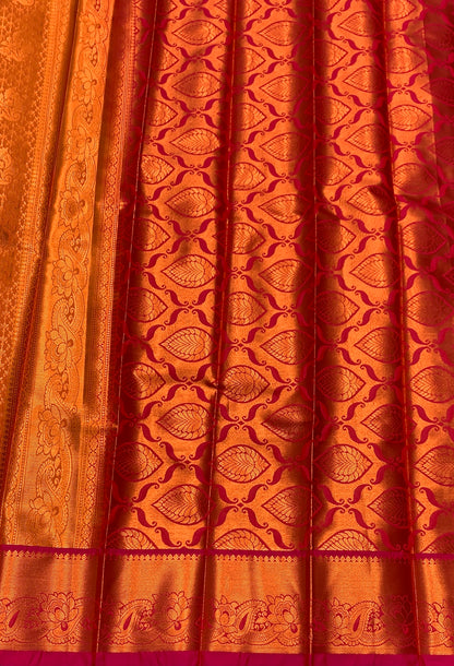 Vegan Silk Saree Golden Yellow Colour with Pink and Copper Border