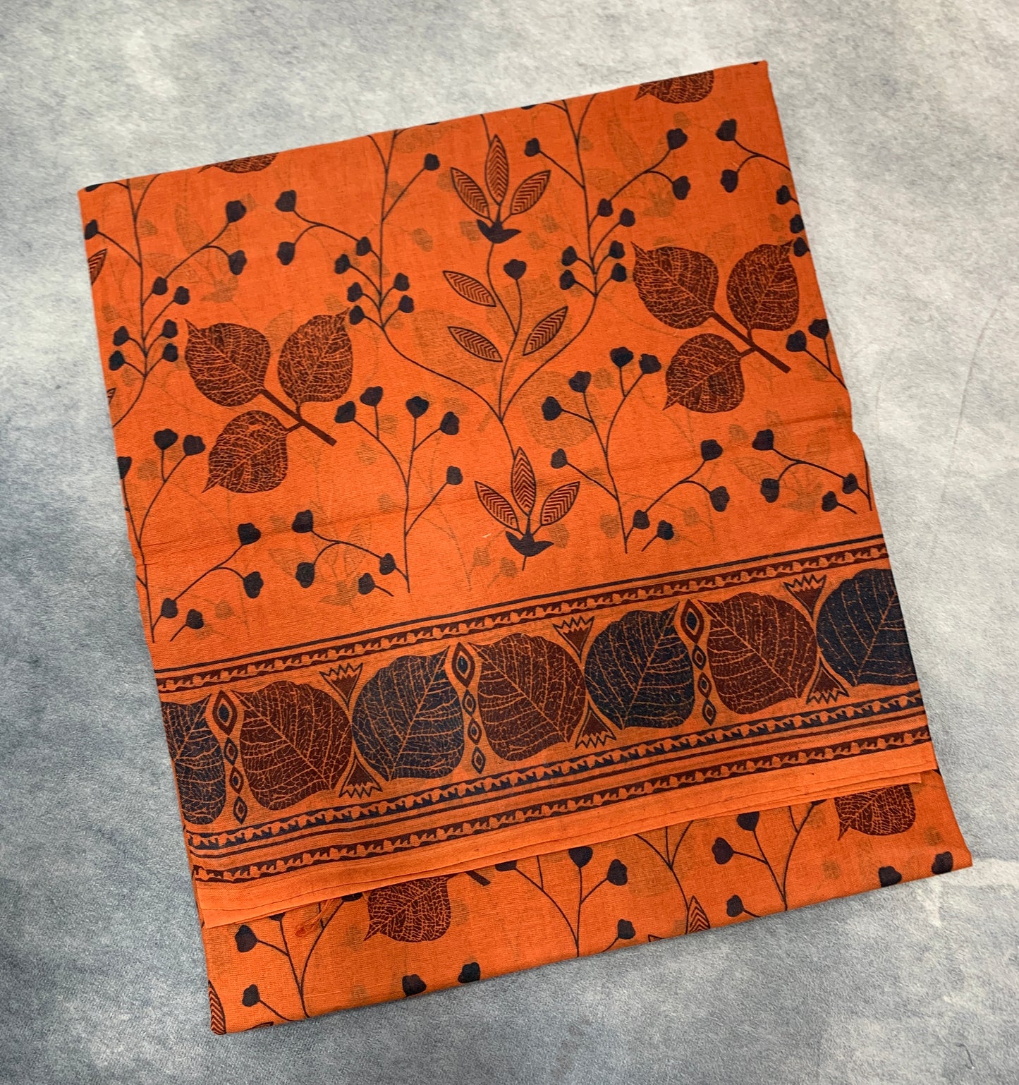 Chettinad Sungudi Cotton Orange Colour with Leaf Design Border