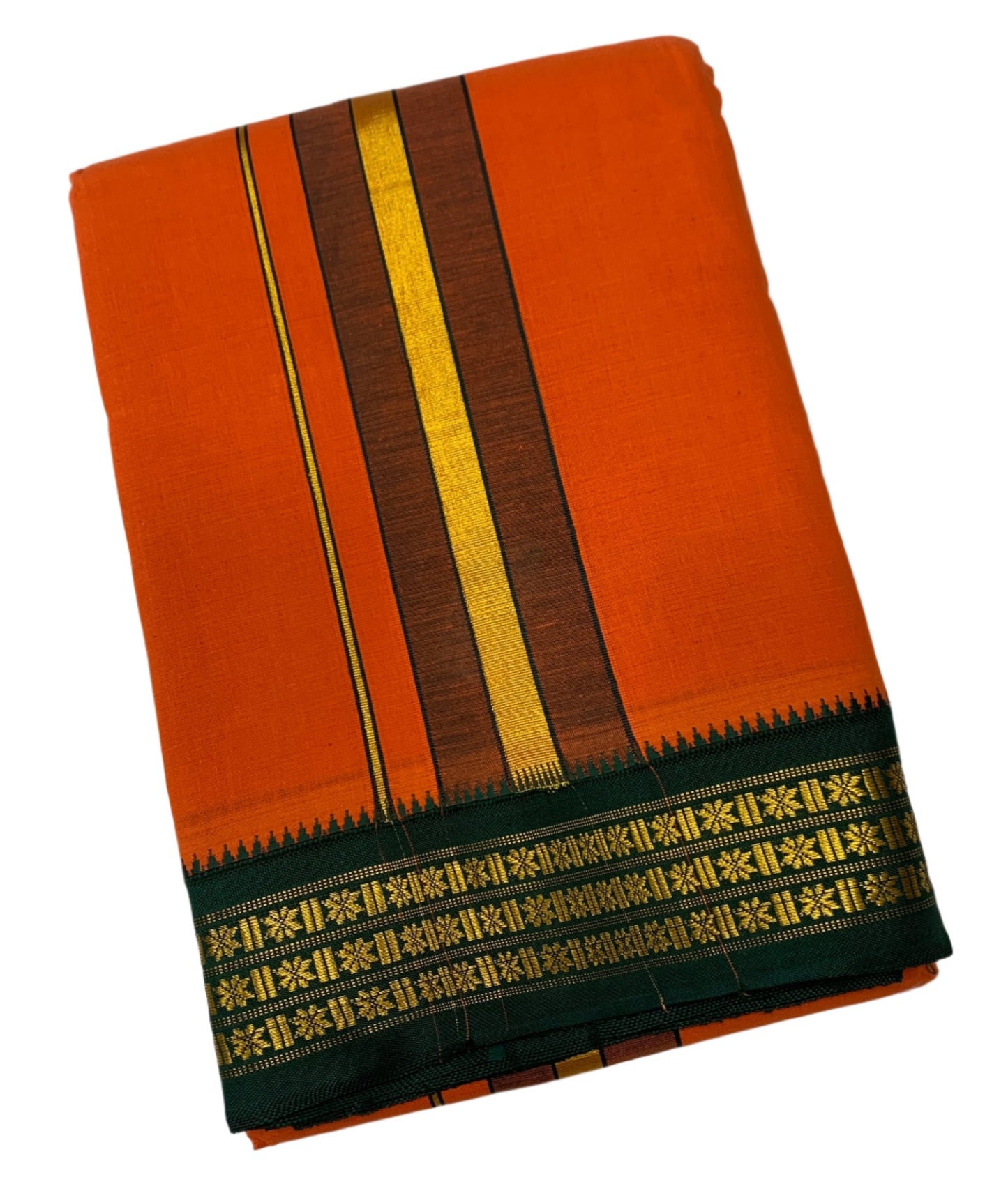 9X5 Cotton Dhoti Orange Colour with Green and Maroon Border