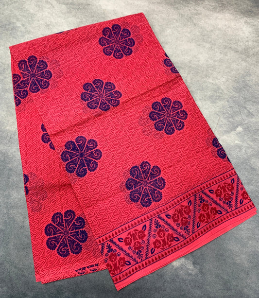 Chettinad Sungudi Cotton Tomato Pink Colour with Floral Design