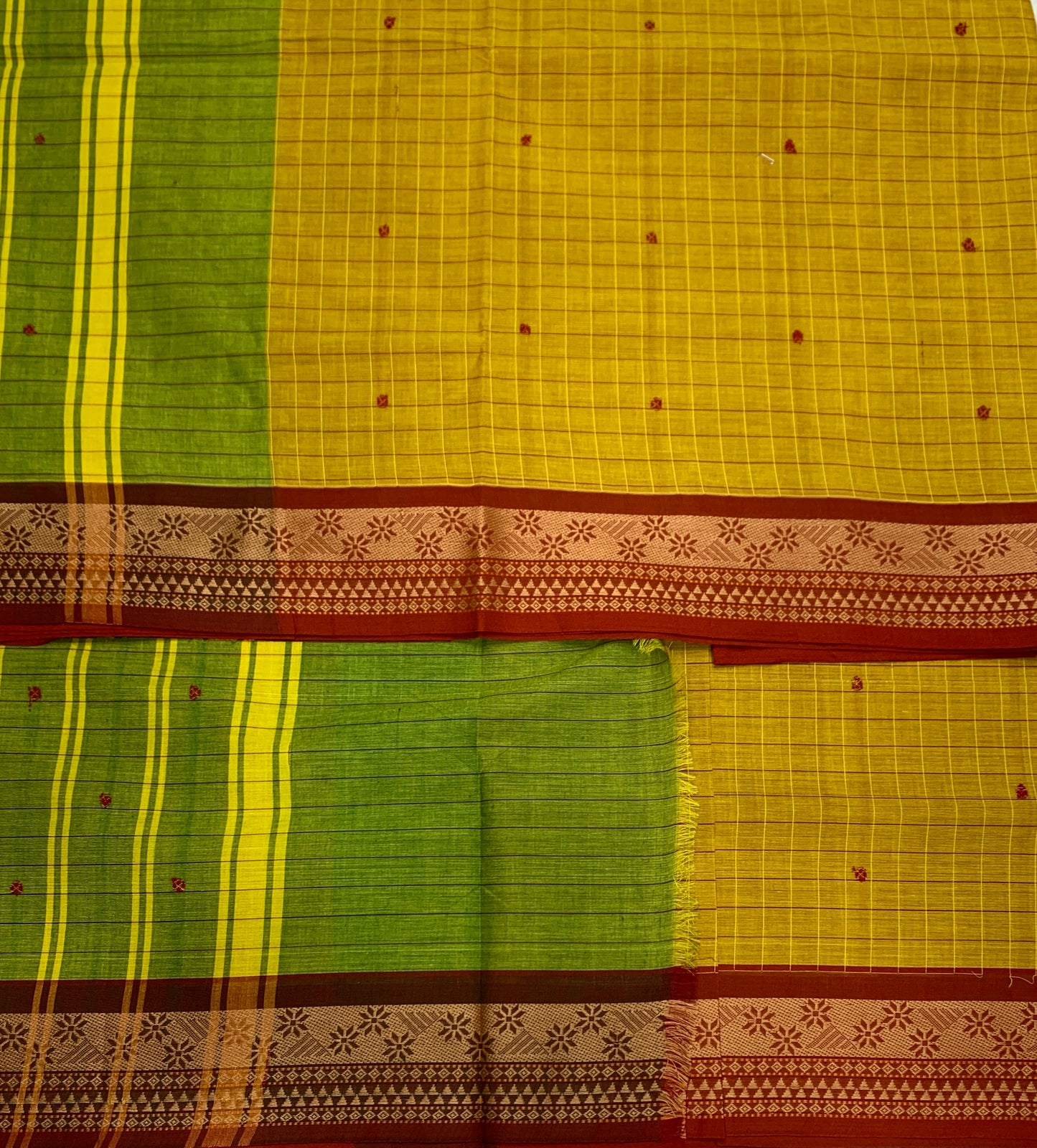 Chettinad Cotton Saree Golden Yellow Shade with Brown Border