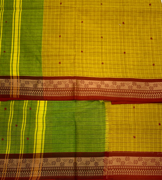 Chettinad Cotton Saree Golden Yellow Shade with Brown Border