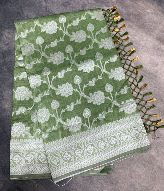 Banaras Katan Saree Light Green Colour with Katan Work Border