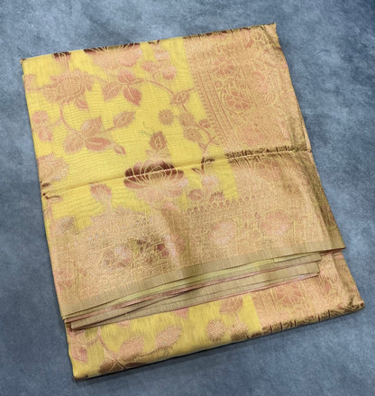 Banaras Katan Saree Yellow Colour with Katan Work Border