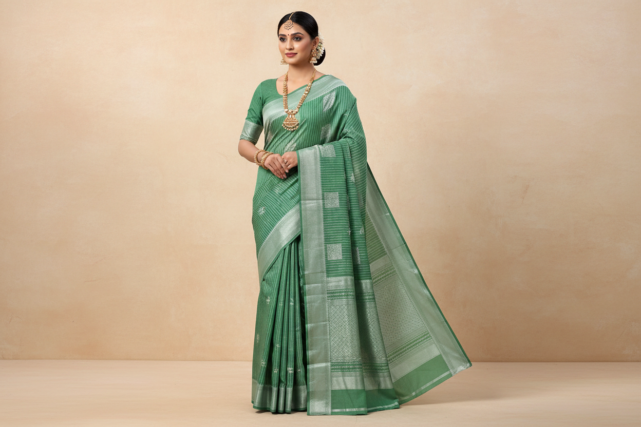 Fancy South Cotton Summer Special in Vibrant Pastel Colours - * Emerlad Green * with Sliver Zari Border