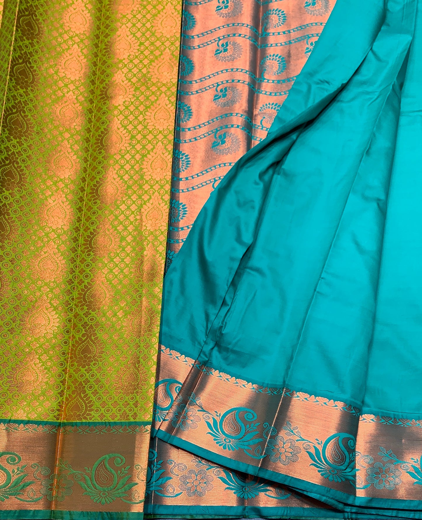 Vegan Silk Saree Lime Green Colour with Light Green and Copper Border