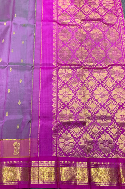 Pure Kanchipuram Silk Saree Dual Tone Lavender Colour with Pink Colour Gold Zari Border