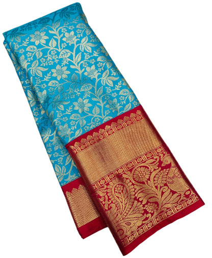 Sky Blue Colour Semi Silk Saree with Big Pink Border