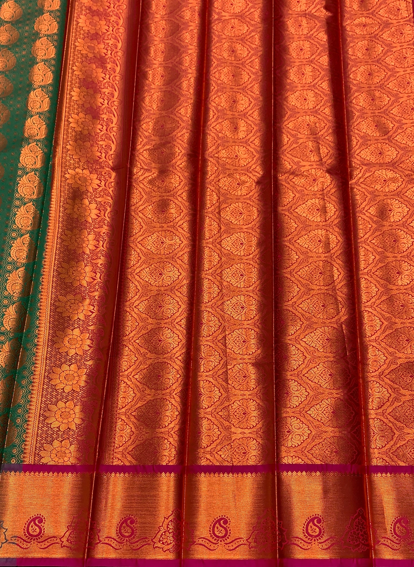 Vegan Silk Saree Green Colour with Magenta and Copper Border