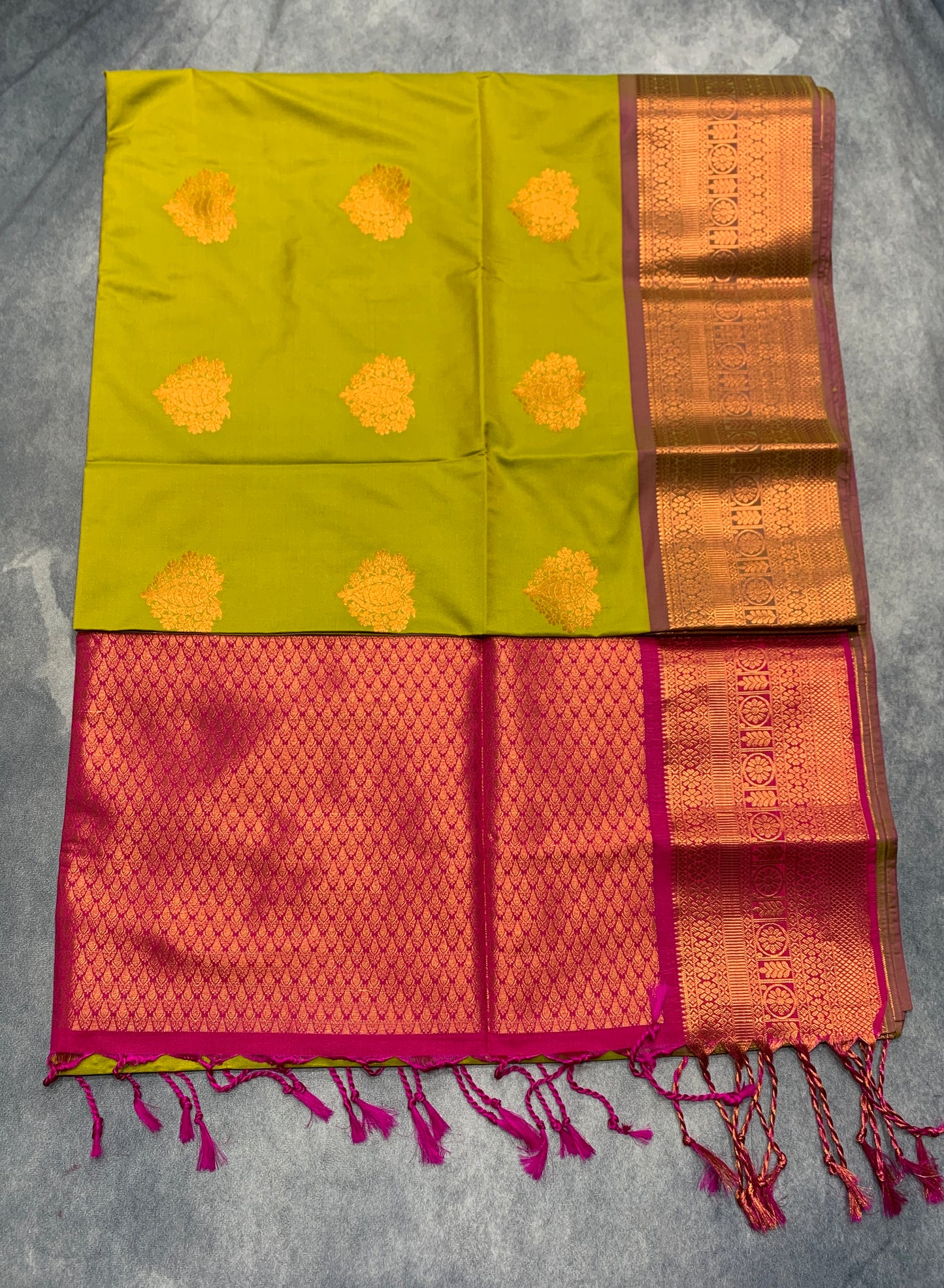 Soft Vegan Silk Saree Lime Green Colour with Pink and Copper Border
