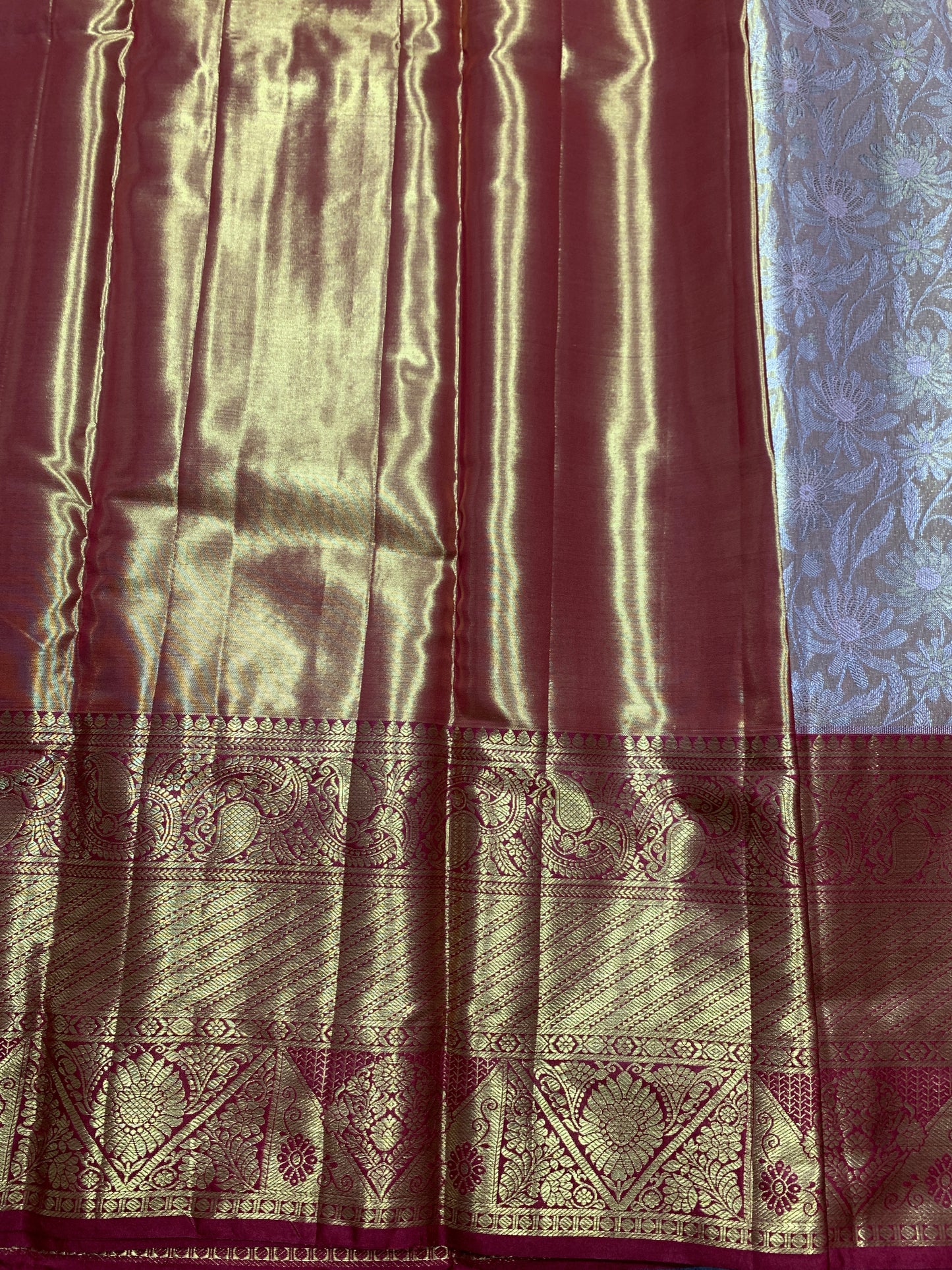 Semi Silk Golden and Sliver Shade with Large Maroon Border