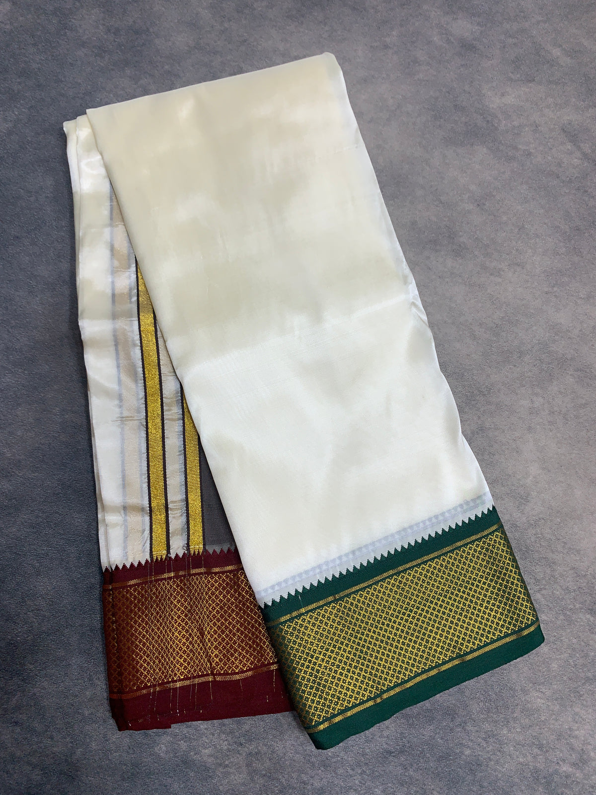 Art Silk Dhoti 8 Mulam Cream Colour with Large Ganga Jamuna( Green/Maroon) Border