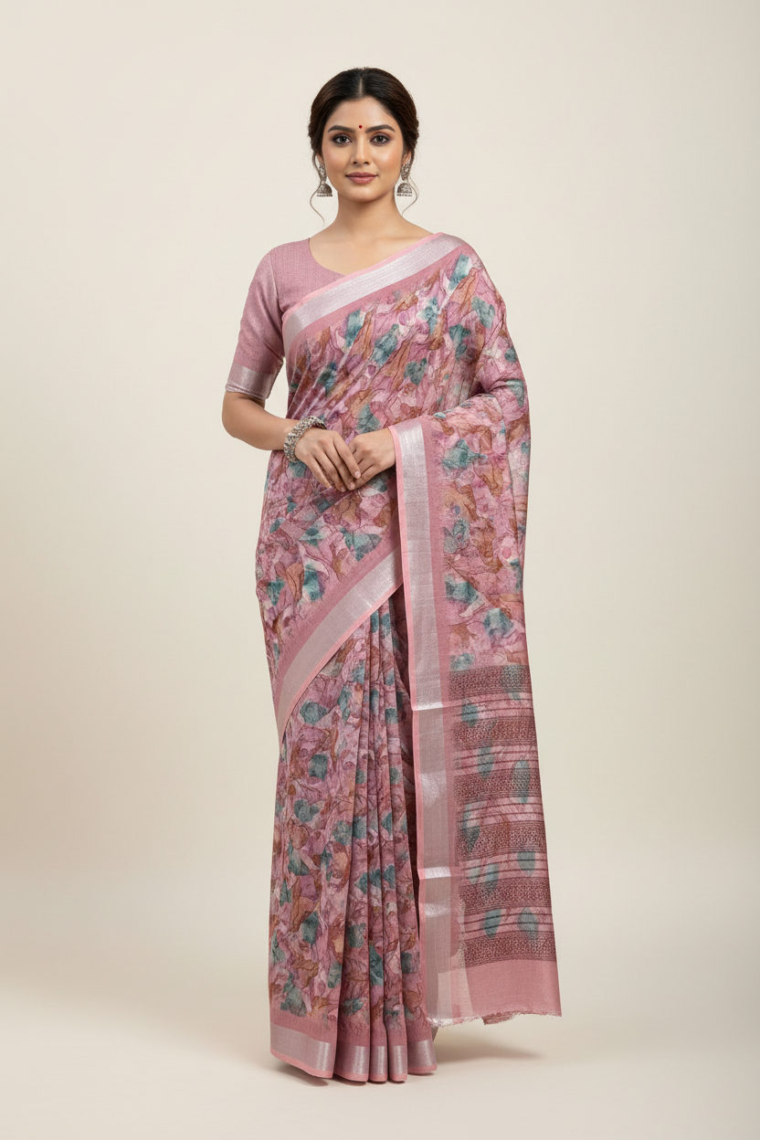 Jute Cotton Saree Onion Pink Shade with Thread Border