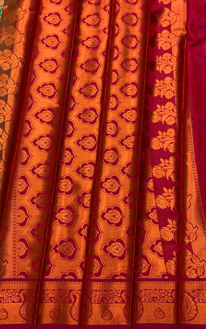 Vegan Silk Saree Green Colour with Copper and Magenta Border