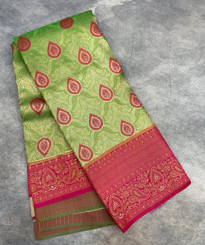 Fancy Tissue Saree Apple Green Colour with Pink Border