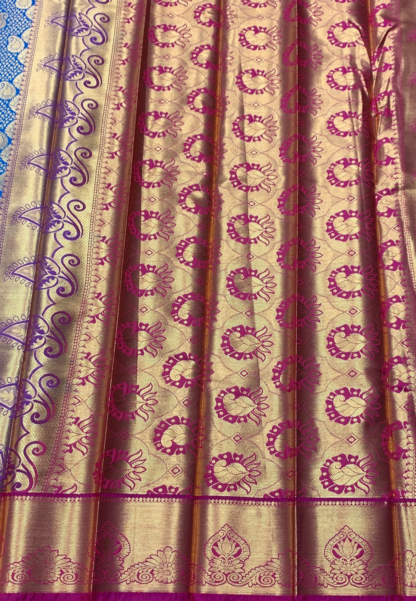 Vegan Silk Saree Blue Colour with Magenta and Copper Border