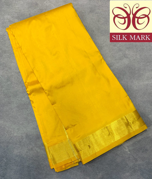 9X5 Pure Silk Dhoti Golden Mustard with Large Golden Zari Border