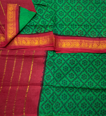 Chettinad Sungudi Cotton Light Green Colour with Red Colour Border
