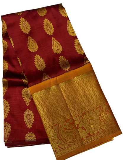 Brown Shade Pure Kanchipuram Kids Pattu Pavadai with Contrast border for age 2 to 5