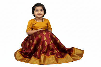Brown Shade Pure Kanchipuram Kids Pattu Pavadai with Contrast border for age 2 to 5