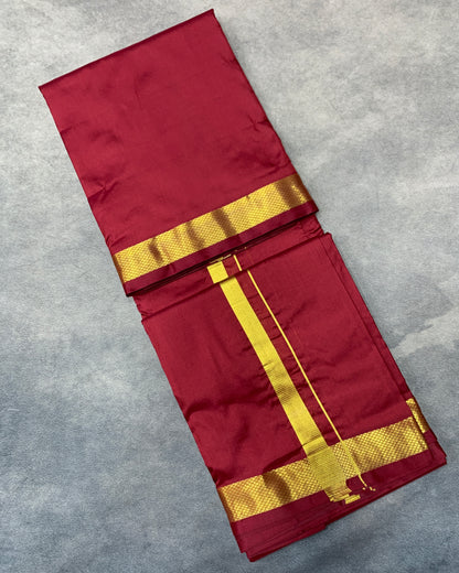 9X5 Pure Silk Maroon Colour Dhoti with Golden Zari Border