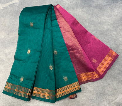 Rama Green Colour Silk Cotton Saree with Copper Zari Border
