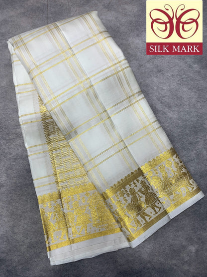 9X5 Pure Silk Dhoti White Colour with Golden Colour Fancy Jaquard Border