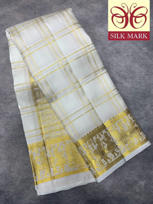 9X5 Pure Silk Dhoti White Colour with Golden Colour Fancy Jaquard Border