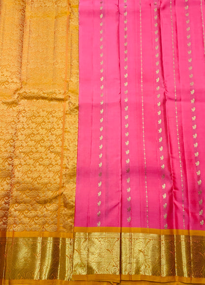 Pure Kanchipuram Silk Baby Pink Colour with Golden Yellow Border