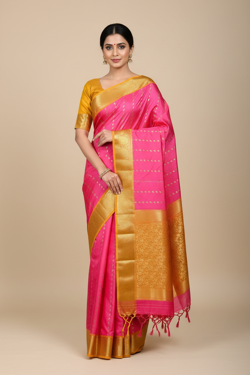 Pure Kanchipuram Silk Baby Pink Colour with Golden Yellow Border
