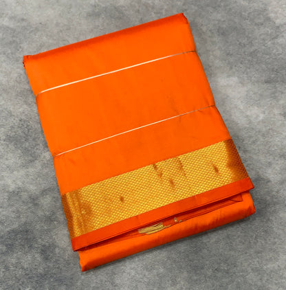 9X5 Pure Silk Dhoti Orange with Large Golden Zari Border