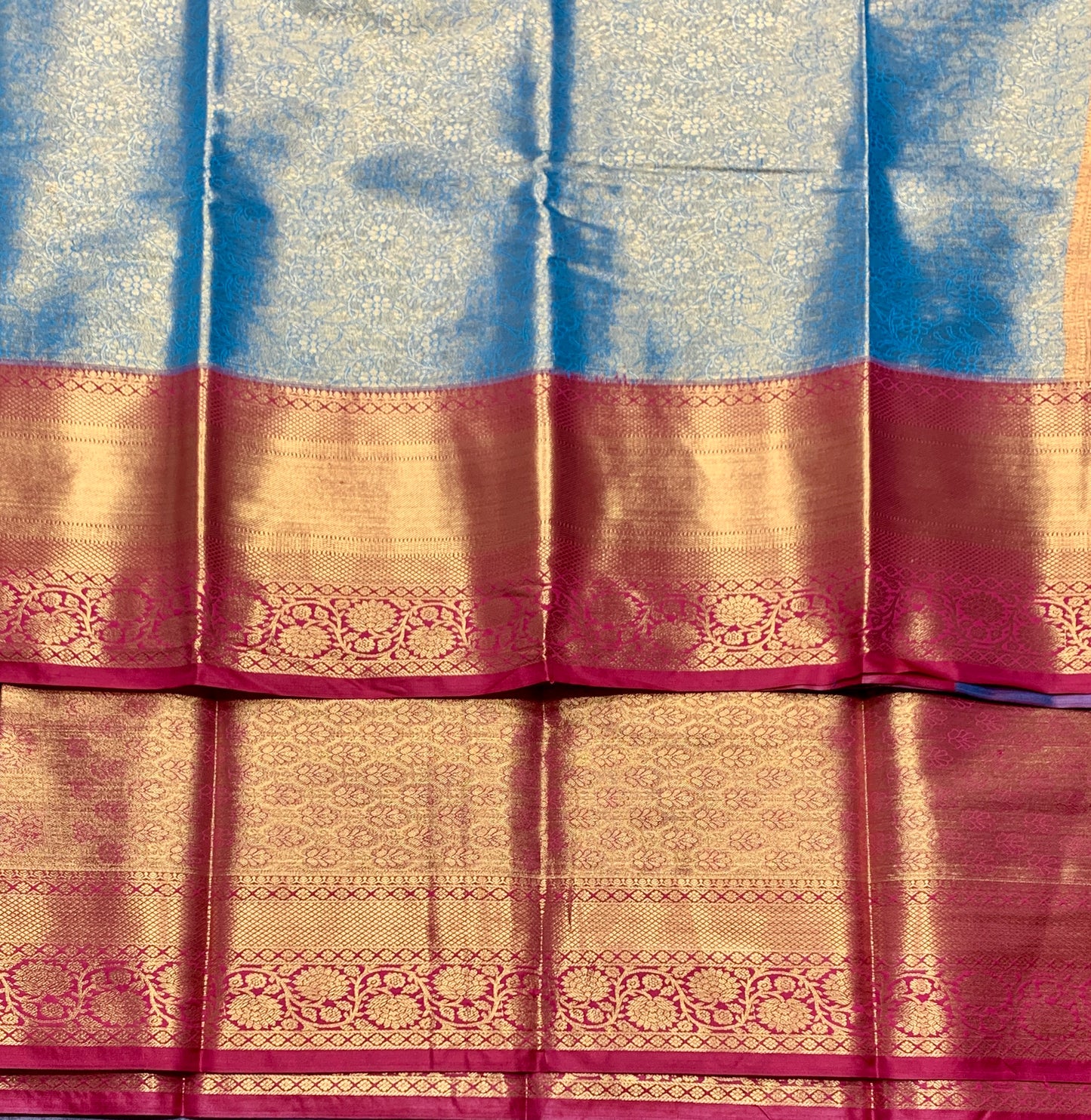 Fancy Tissue Saree Bluish Green Colour with Red Colour Floral Design Border