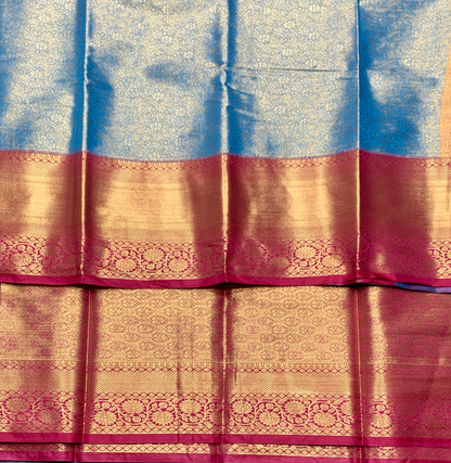 Fancy Tissue Saree Bluish Green Colour with Red Colour Floral Design Border