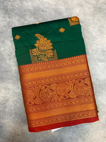 Soft Silk Casual Saree Green Colour with Maroon and Golden Colour Border