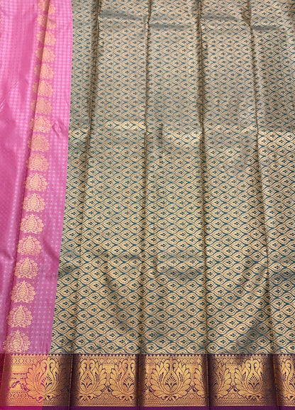 Vegan Silk Saree Peach Pink Colour Saree with Copper Border