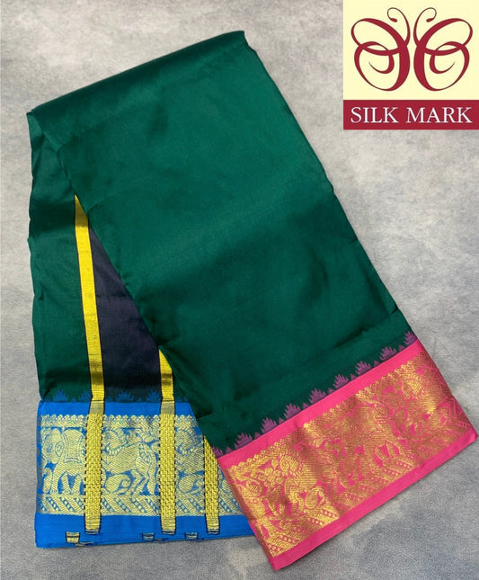 9X5 Pure Silk Dhoti Green Colour with Pink and Sky Blue Ganga Jamuna Border