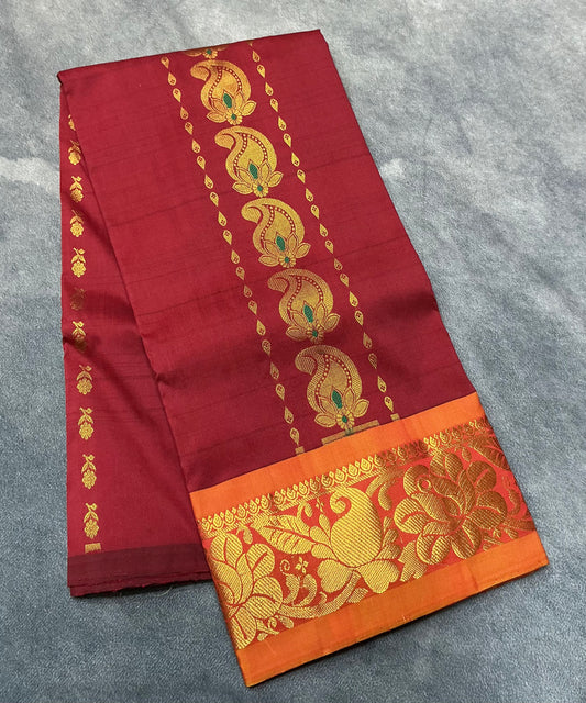 Maroon Shade Semi Silk Kids Pattu Pavadai with Contrast border for Age 2 to 5 Years